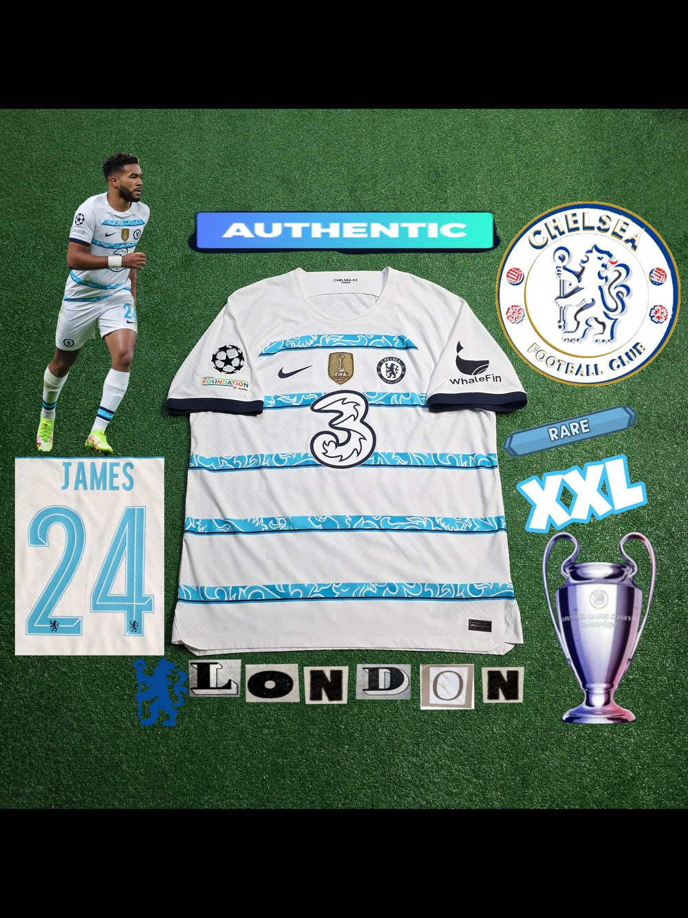 Nike Chelsea FC Reece James #24 2022/2023 Authentic Away Jersey UCL Patches Rare